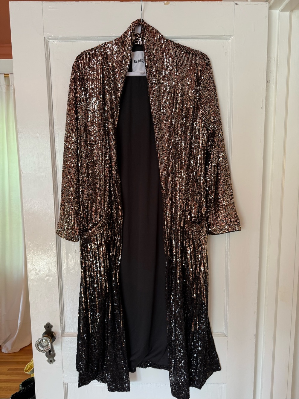 BB Dakota Rose Gold and Black Sequin Open-Front Duster Cardigan